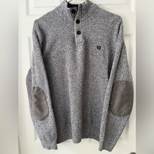 Men’s Chaps Large Pull Over, Quarter Button Down, Elbow Patch, Knit, Blue/Gray